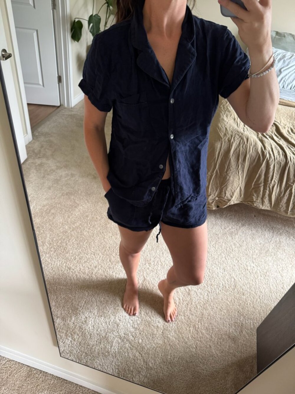 Navy Linen Blend Short Sleeve and Short Pajama Set Size Medium